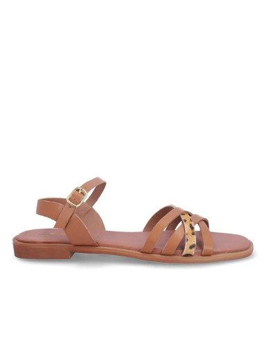 Sandalia Plana Kangaroos Mujer Cuero Y Leopardo 873-33